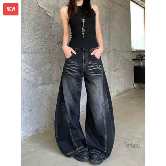Wide Leg Barrel Jeans High Waist Baggy Denim Pants Streetwear - Picture 4 of 8
